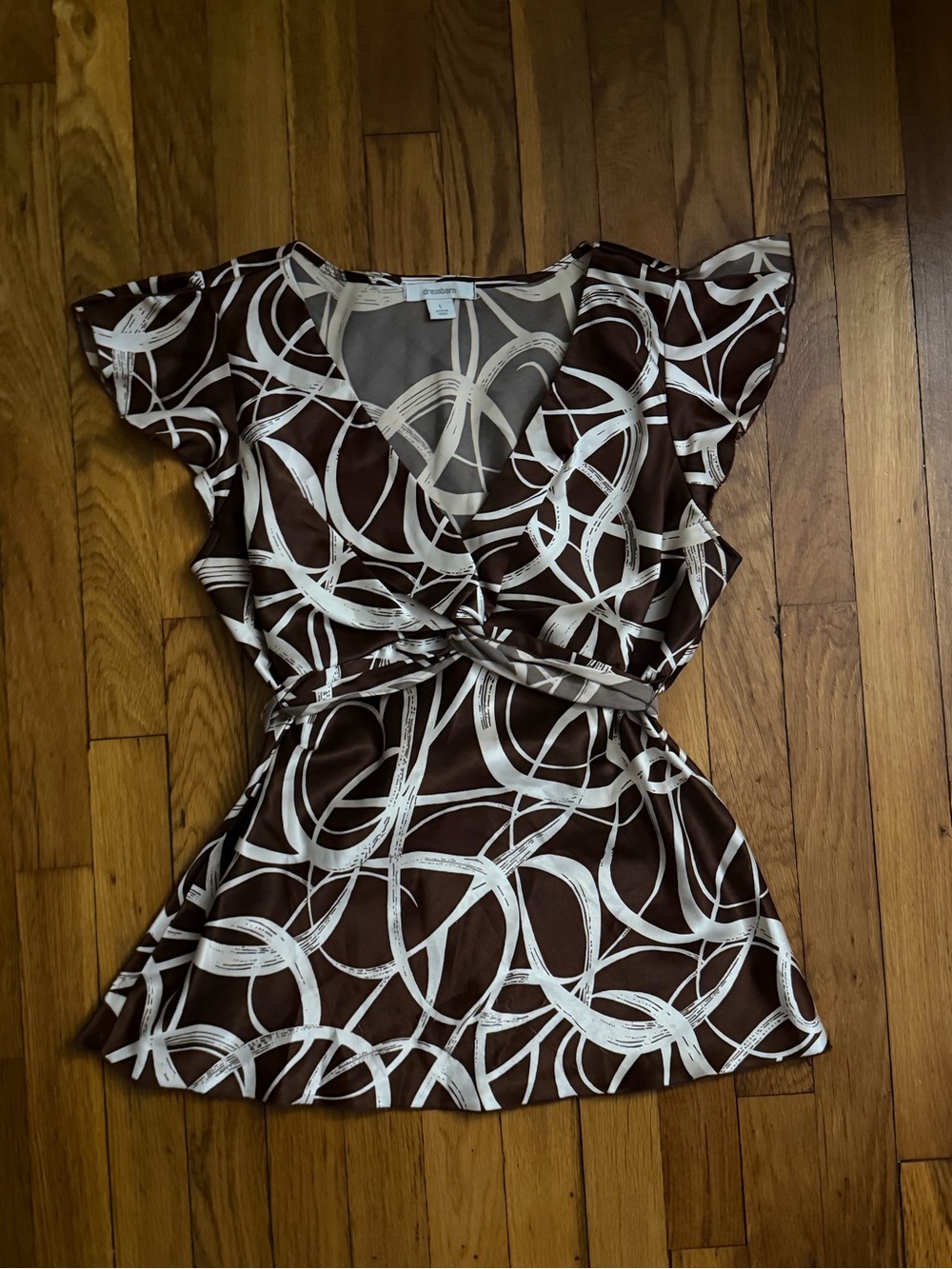 dressbarn Brown & Cream Abstract Wrap-Style Blouse